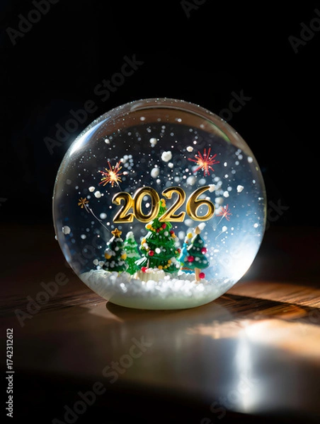 Fototapeta Snow globe with “2026” glowing inside, surrounded by tiny Christmas trees and fireworks
