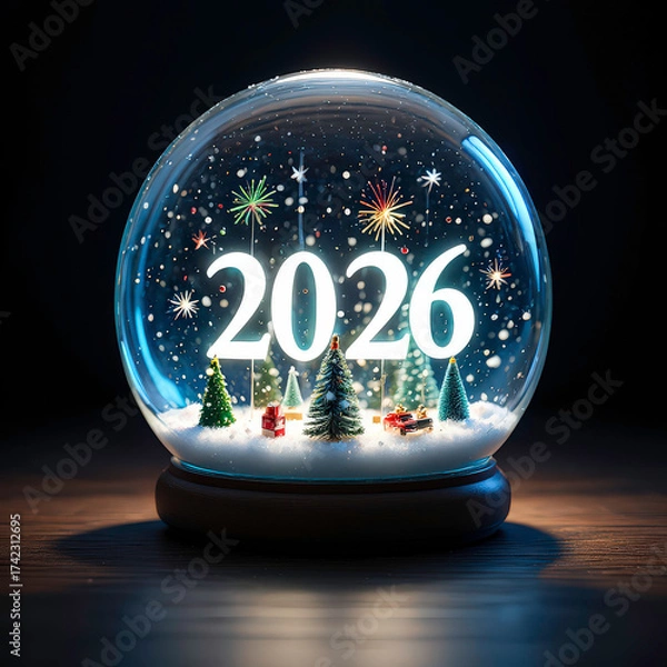 Fototapeta Snow globe with “2026” glowing inside, surrounded by tiny Christmas trees and fireworks