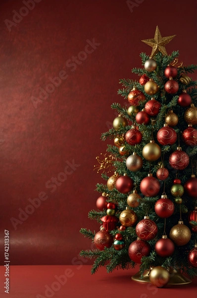 Fototapeta Elegant Christmas tree with red and gold ornaments on red background