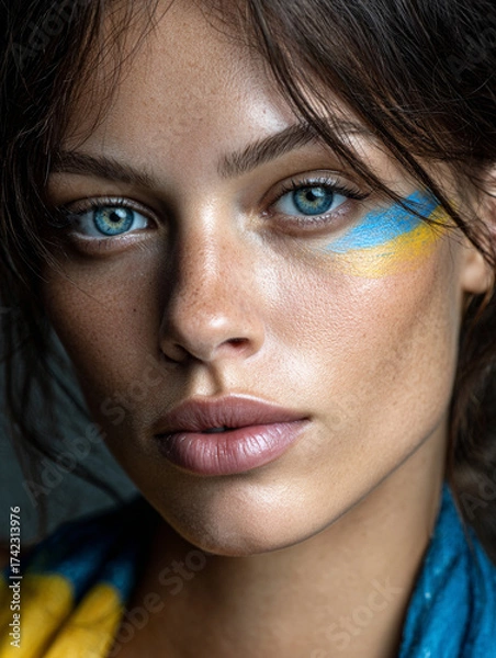 Fototapeta Close-up portrait of a determined woman with Ukrainian flag paint on her cheek, confident gaze, dramatic lighting