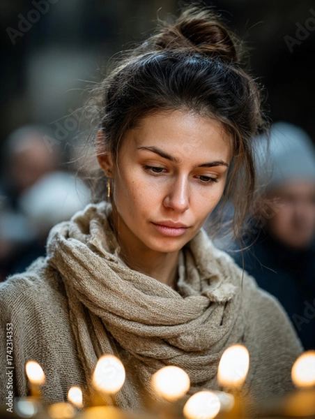 Fototapeta Woman lighting a candle in a dark cathedral, praying for peace in Ukraine, soft and spiritual atmosphere 
