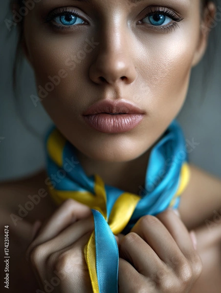 Fototapeta Close-up womans hands gripping blue-yellow ribbon tightly, background blurred, dramatic shadows 