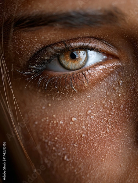 Fototapeta Macro her eye reflecting explosion flash, tears and dust mixing 