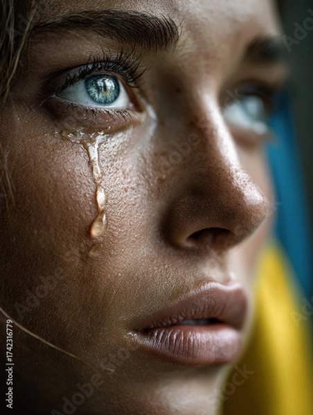 Fototapeta Macro shot teardrop on a womanвАЩs cheek reflecting Ukrainian flag, deep emotional focus, soft cinematic light