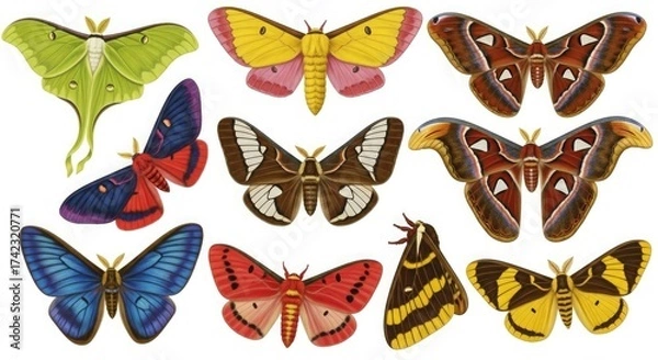 Obraz Collection of colorful moths insects butterflies entomology nature illustration lepidoptera diverse species