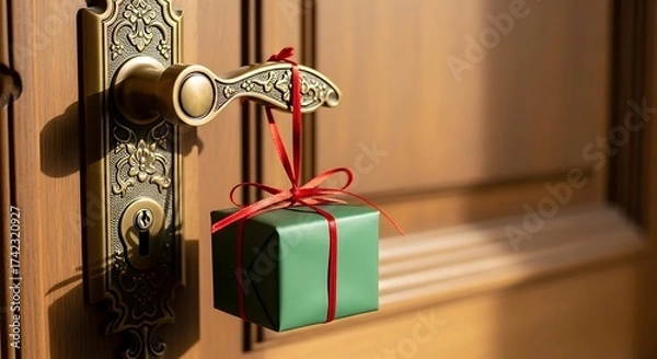 Obraz Christmas gift tied to ornate door handle with red ribbon
