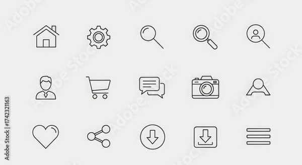 Fototapeta Vector icons set home settings search user shopping cart chat camera heart share download menu ui ux