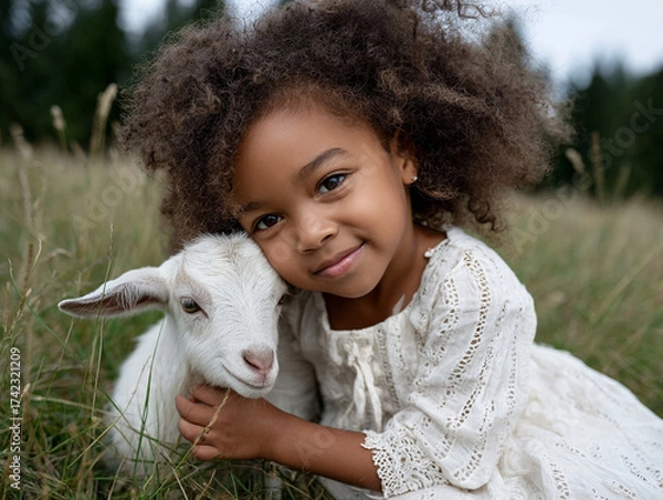 Fototapeta Young girl smiling next to a white goat in a meadow, representing innocence, harmony with nature, and symbolic connection to the Capricorn zodiac sign.
