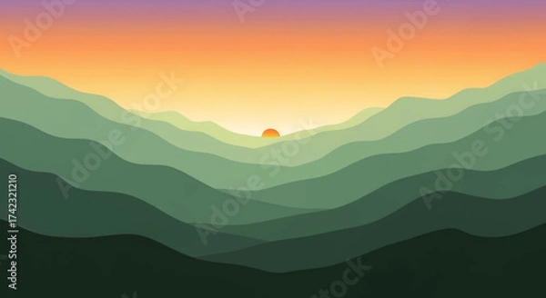 Fototapeta Serene sunset over layered green hills, a modern digital illustration concept of a peaceful mountain valley vista
