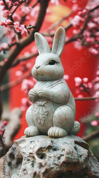Fototapeta Jade rabbit statue with cherry blossoms and red background