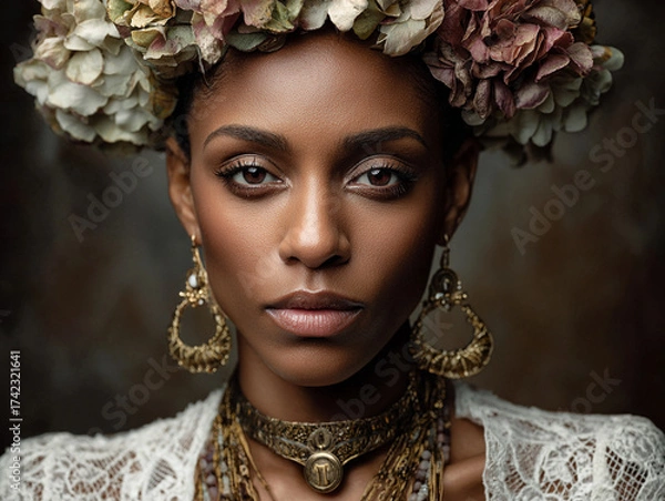 Fototapeta AI-generated portrait of a dark-skinned woman with bright headscarf and earrings, vibrant cultural expression and elegant modern identity.
