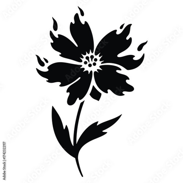 Obraz Black flower illustration with flames like petals on white background
