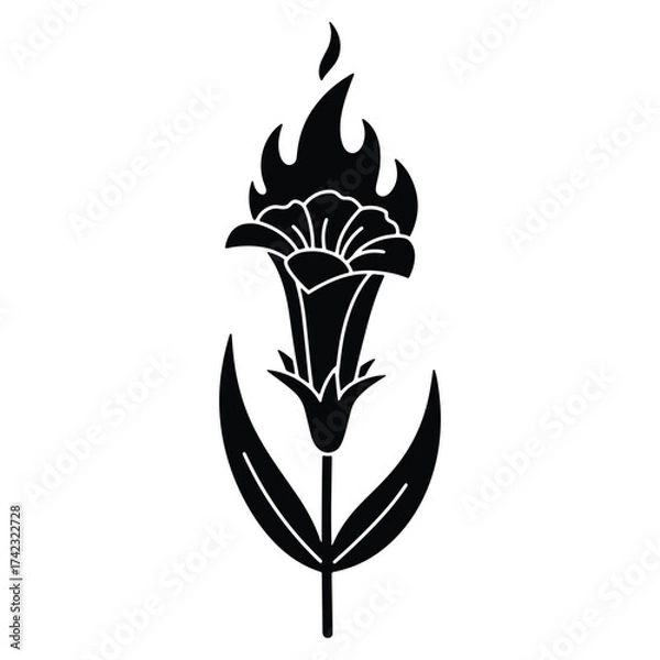 Obraz Burning Flower Black Silhouette Illustration with Flame and Dark Petals