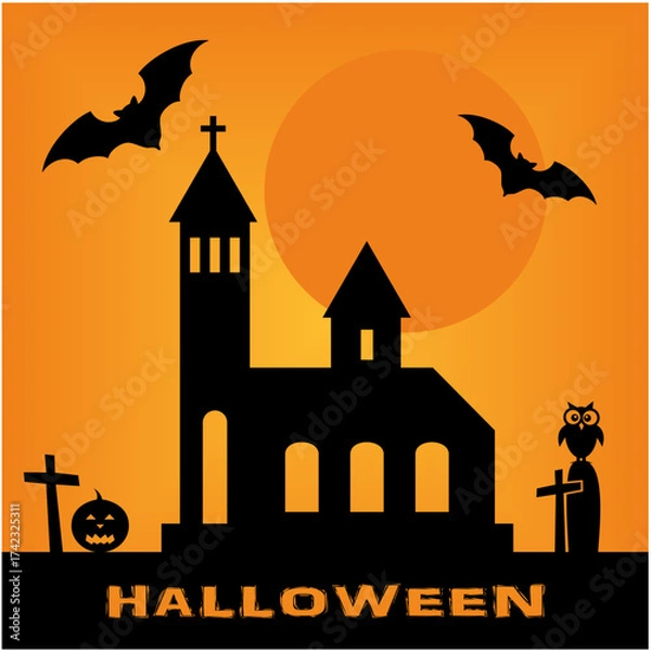Obraz Halloween card, church and cemetry, owl on tombstone, flying bats, pumpkin, night countryside, black silhouette, orange background, vector illustration