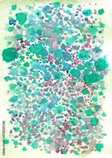Fototapeta Watercolor technique and features a chaotic yet harmonious distribution of color spots. The primary shades are turquoise, emerald, blue, and violet-pink. The spots vary in size and intensity. 