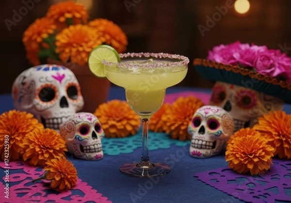Obraz Margarita cocktail on a table for Day of the Dead celebration. Festive drink with sugar skull and marigolds flowers for Dia de los muertos banner, poster or bar menu.