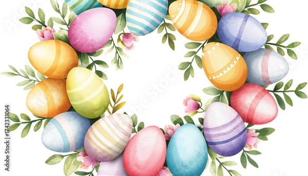 Fototapeta Colorful Easter eggs arranged in a floral wreath on white background  