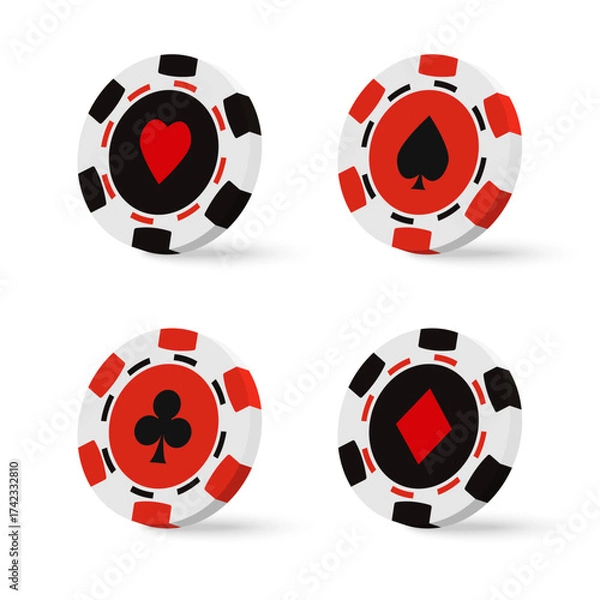 Fototapeta A three-dimensional isometric set of casino, roulette, card game, or dice game elements. Poker chips. Vector illustration