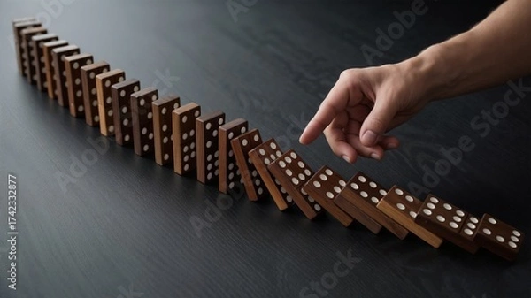 Fototapeta Risk Management and Business Strategy Concept — Hand Stopping Falling Dominoes for Stability and Prevention