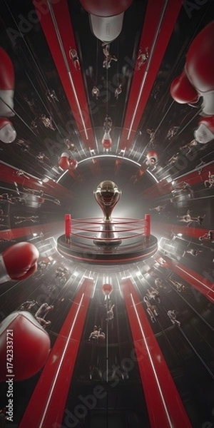 Obraz dramatic boxing championship trophy podium with radiating red light beams and floating gloves in arena