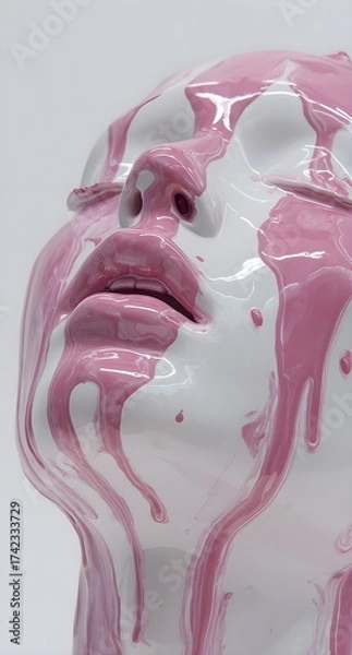 Obraz abstract melting pink glossy liquid dripping on white sculptural face in contemporary art style