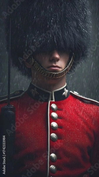 Obraz  royal guard in red uniform with bearskin hat standing in rain dramatic military portrait