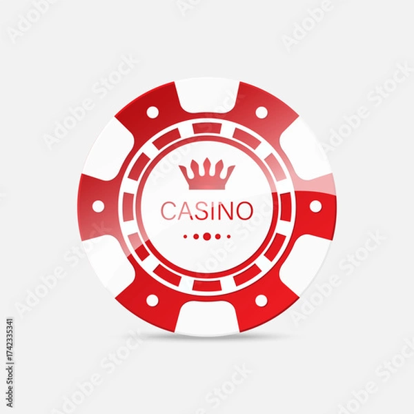 Fototapeta The round red casino chip. Gambling chips. Red 3d chips highlighted on a white background. Vector illustration