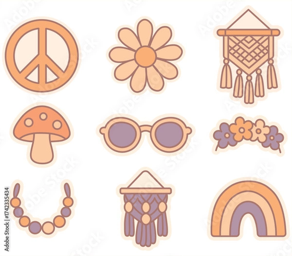 Fototapeta Set of boho hippie stickers with peace symbol, daisy, rainbow, macrame, sunglasses, mushroom, flower crown, and beads. Retro vintage pastel vector design for prints, decor, or packaging.