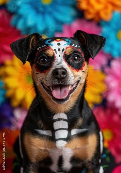 Obraz Cute happy chihuahua dog with colorful sugar skull makeup painting surrounded by bright flowers. Day of the Dead celebration in Mexico concept for festive holiday pet event. Dia de los Muertos