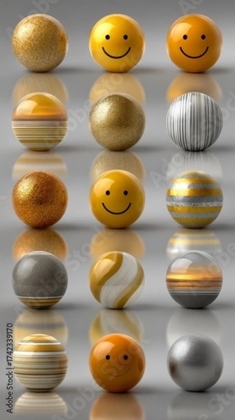 Fototapeta  Grid of varied spheres, yellow, gold, and silver, representing mood and diverse emotions