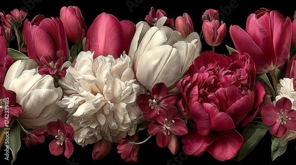 Fototapeta Elegant detailed floral arrangement, pink, white, and red, representing romance and natural beauty against a dark background