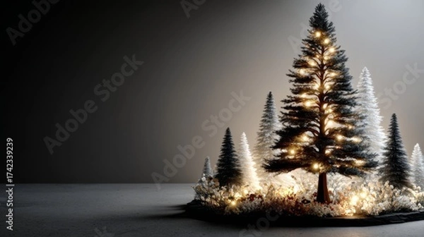 Fototapeta Magical winter forest landscape, dark and golden, representing festive season and serene nature, with copy space