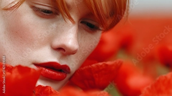 Fototapeta Red-haired contemplative woman surrounded by red poppies in a blurred field