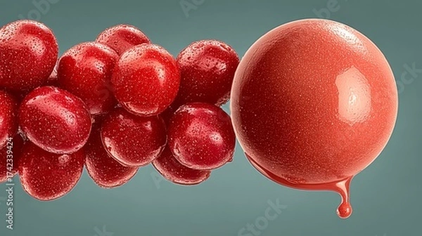 Fototapeta Fresh red cherries and abstract cherry sphere, red and teal, representing fruit essence and freshness