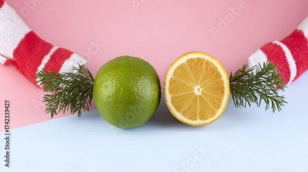 Fototapeta  Festive lime and lemon with mittens and pine, pink and blue, representing Christmas and winter freshness