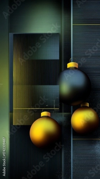Fototapeta Abstract festive composition, in dark and gold, with Christmas ornaments and geometric patterns