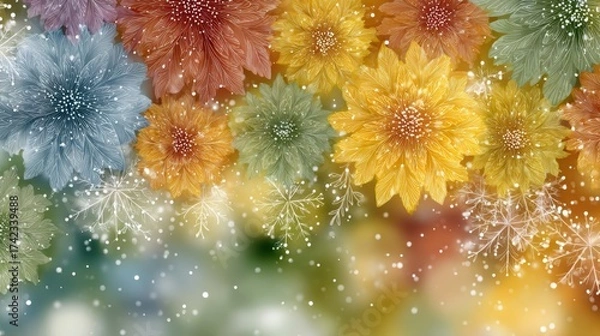Fototapeta Abstract floral background with falling snowflakes, in soft multicolor, representing winter and festive moods