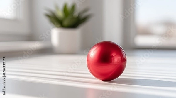 Fototapeta Single shiny red sphere, in a minimalist and clean mood, sitting on a white table with sunbeams