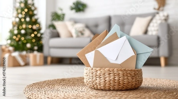 Fototapeta Woven basket with envelopes, in brown, white, and blue, representing Christmas greetings and correspondence against a blurred living room backdrop with copy space
