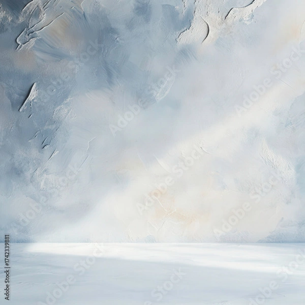 Fototapeta A white wall with a blue background and a greyish blue paint. The wall is empty and has a light blue paint