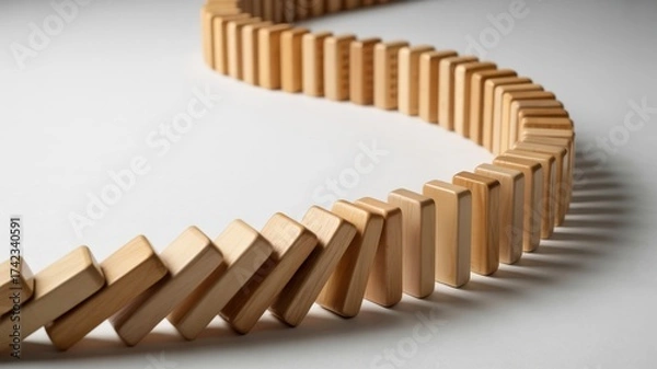 Fototapeta Domino effect concept, wooden dominoes falling in a row isolated on white background, business strategy and risk management