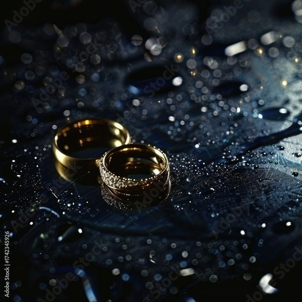 Fototapeta Close-up of two wedding rings on a shiny surface with a blurred dark background and drops of water.