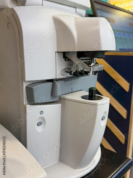 Obraz A white machine with a green button on it