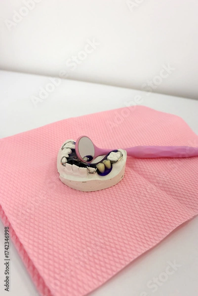 Obraz Plaster models of teeth with denture and dental mirror