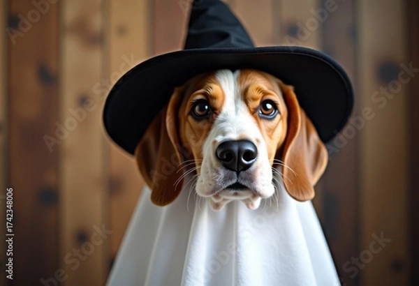 Fototapeta A beagle dog dressed as a ghost wearing a black brimmed hat for Halloween