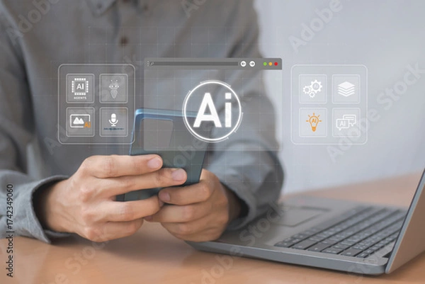 Fototapeta Man using laptop with virtual icons of AI, artificial intelligence, data analytics,learning and digital technology for business automation and AI technology strategy.