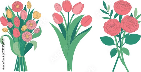 Fototapeta Three bouquets of flowers in a row on white background