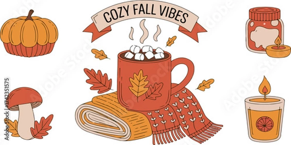 Fototapeta Fall themed vector art with cozy autumnal elements
