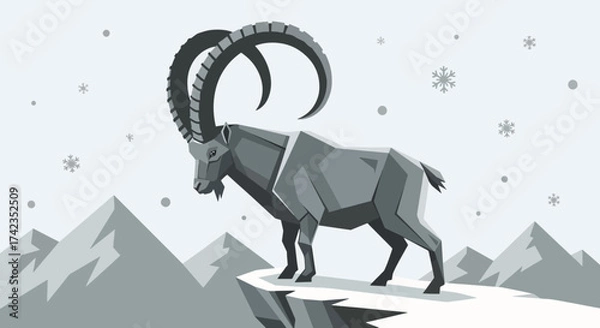 Fototapeta Alpine ibex standing on snowy cliff face in grayscale drawing. Majestic alpine ibex, with its curved horns, surveys snowy peaks.