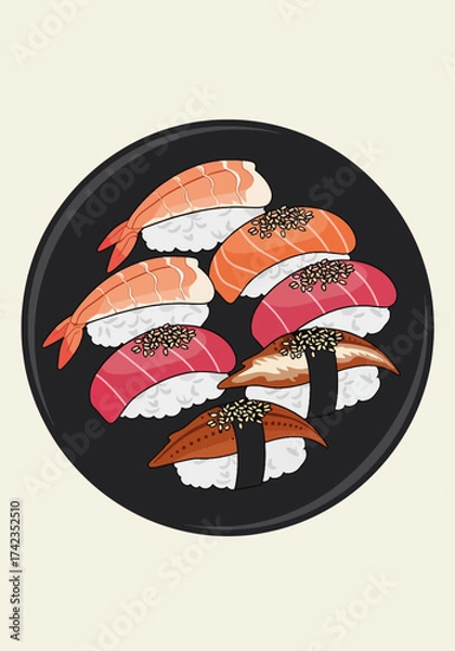 Fototapeta Assorted nigiri sushi served on dark plate, tempting assortment of sushi includes classic salmon, tuna, and eel varieties, served in a traditional style. Savor assorted nigiri sushi,